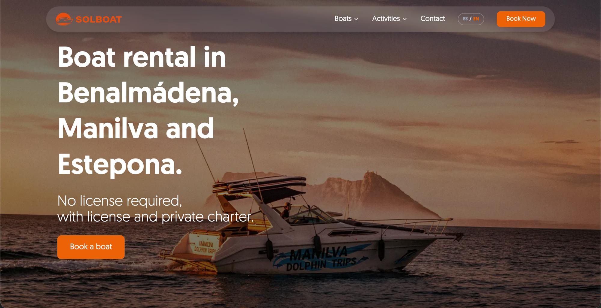 Home pública de Solboat: hero con barco y CTA Book Now