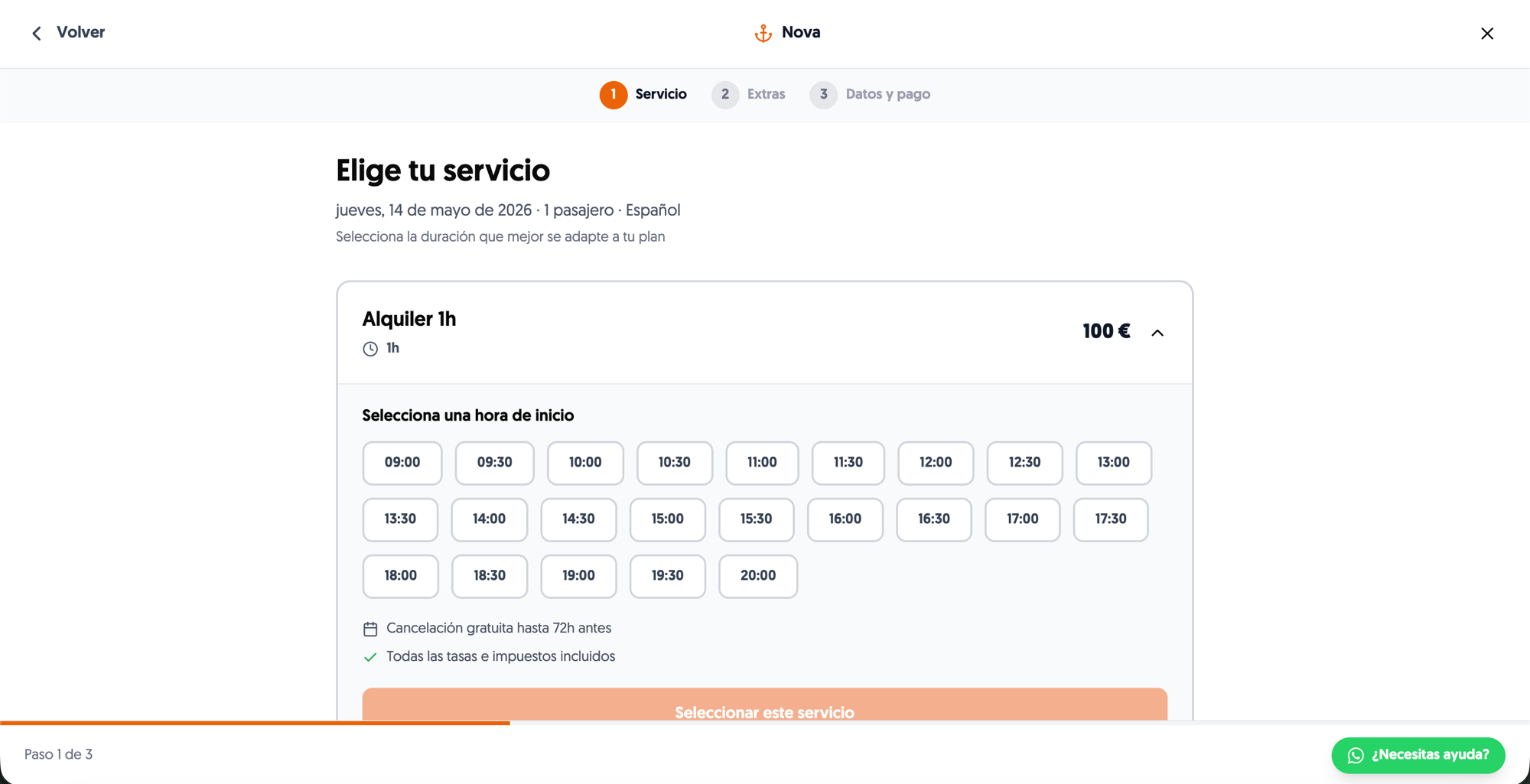 Motor de reservas Solboat: paso 1, selección de servicio y hora