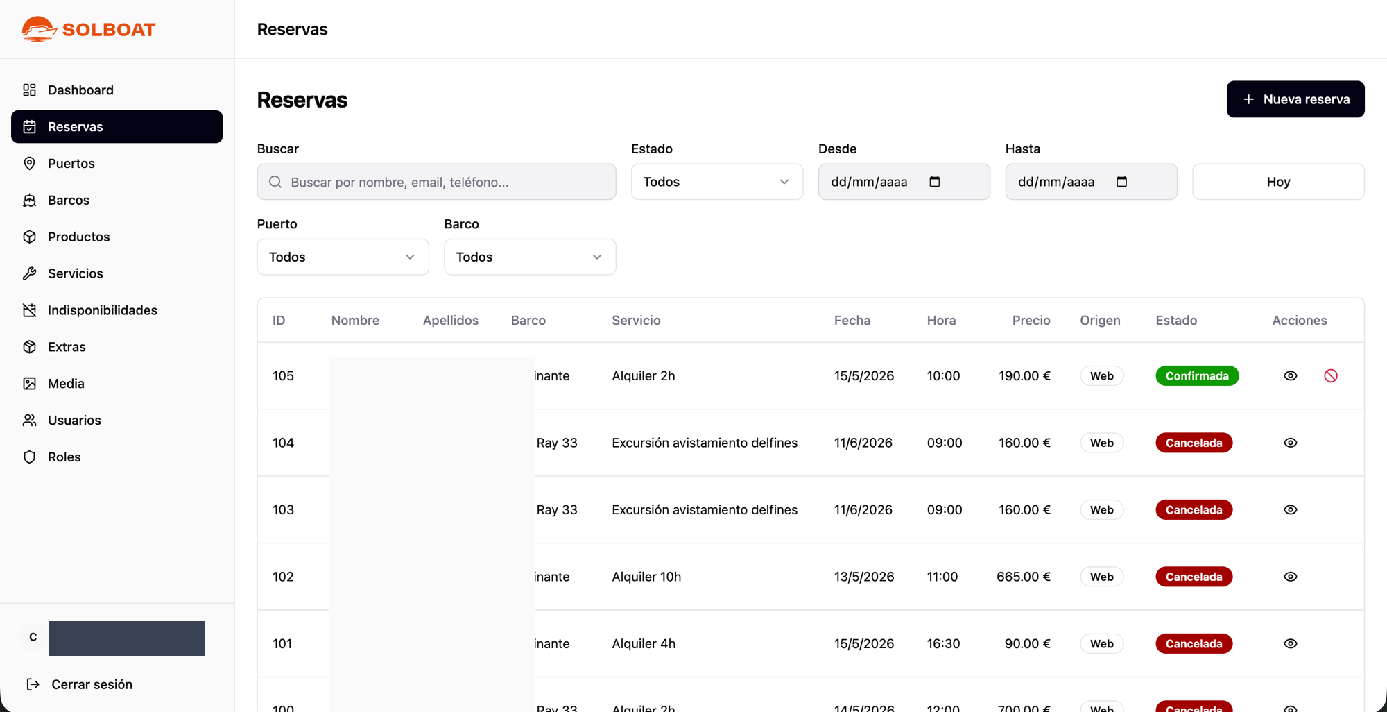 Panel de administración Solboat: gestión de reservas y flota (datos de cliente anonimizados)